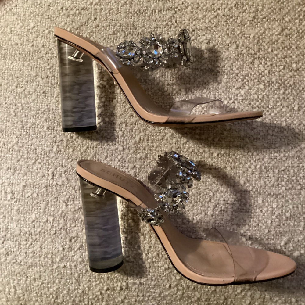 SCHUTZ Women's Crystal Embellished Clear Block Heel Sandals